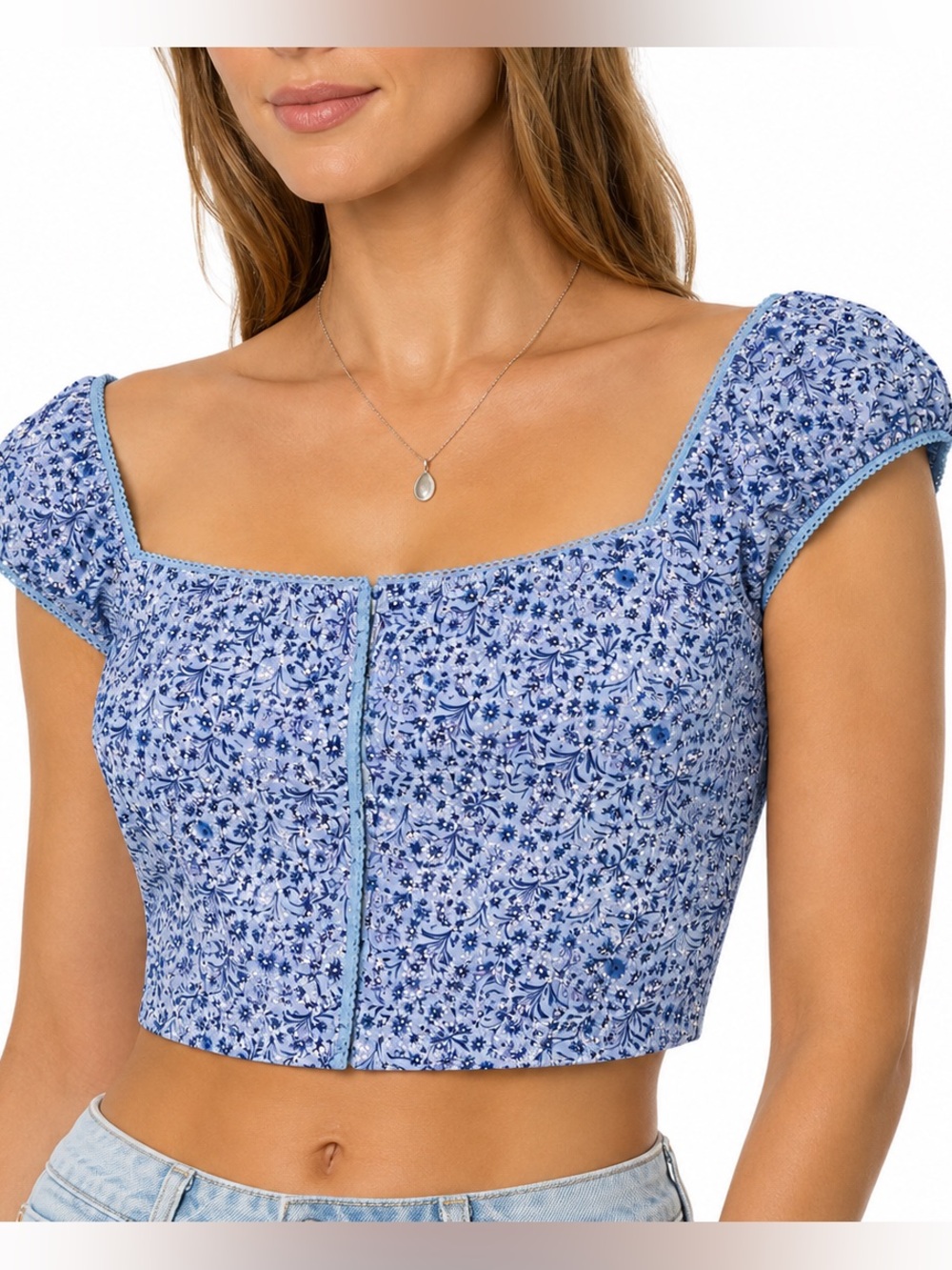 Vintage Tempted Blue ditsy Floral cap sleeve Milkmaid Crop Top Hook & Eye Medium